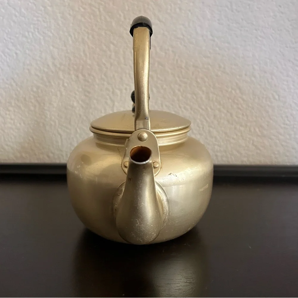 vintage gold-toned aluminum teapot with a black handle mid century modern 5” dia - Picture 4 of 10